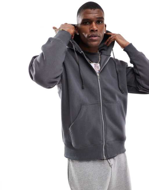 Pull&Bear - Sweat à capuche à fermeture éclair - Gris foncé