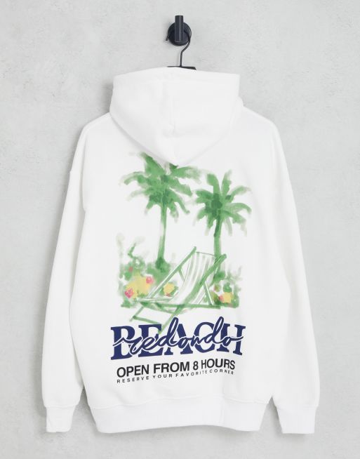 Pull&Bear - Sweat à capuche à imprimé Beach - Blanc