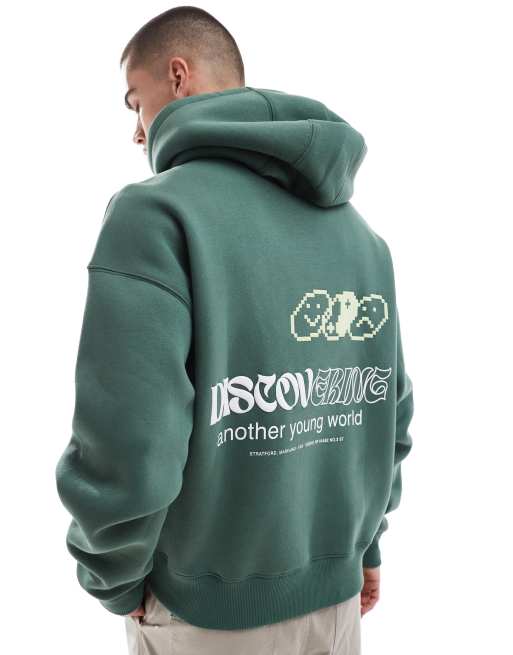 Pull&Bear - Sweat à capuche avec imprimé Discover - Vert
