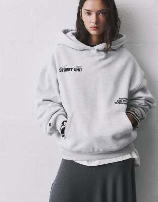 Pull & Bear - Sweat à capuche avec inscription Street Unit » - Gris chiné
