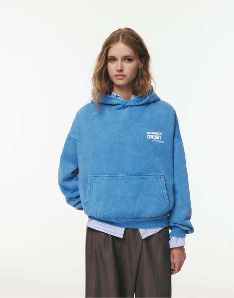Pull&Bear - Sweat à capuche avec motif Mid-Century - Bleu délavé - view 1