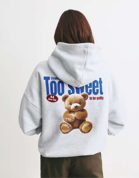 Pull&Bear - Sweat à capuche avec motif ours en peluche - Gris chiné - view 1