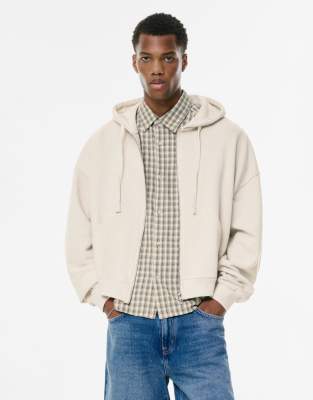 Pull & Bear - Sweat à capuche court et zippé - Sable chiné-Neutre