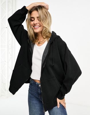 Pull&Bear zip through oversized hoodie in black - ASOS Price Checker