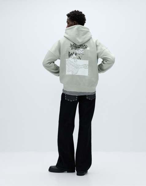 Pull&Bear - Sweat à capuche oversize à imprimé graphique - Vert bleu - view 1