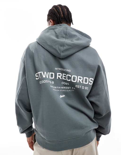 Pull&Bear - Sweat à capuche oversize avec imprimé STWD Records au dos - Vert délavé