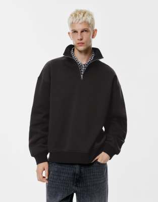 Pull & Bear - Sweat à col zippé côtelé - Noir