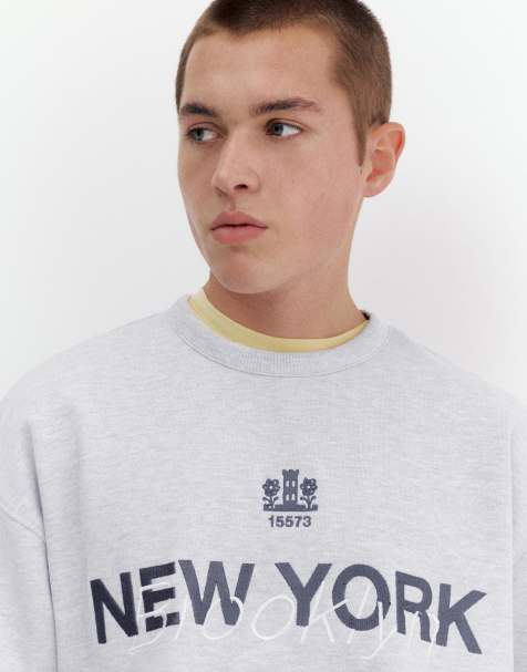 Pull&Bear - Sweat à imprimé New York - Gris chiné - view 1