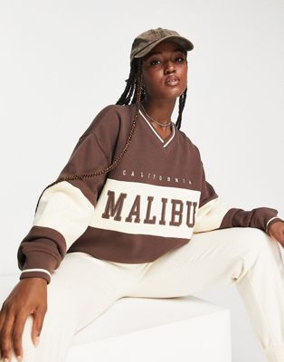 Pull&Bear sweatshirt Malibu slogan in brown - ASOS Price Checker