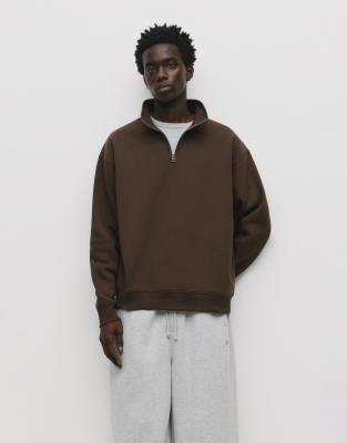 Pull & Bear - Sweat basique à col zippé - Marron-Brown
