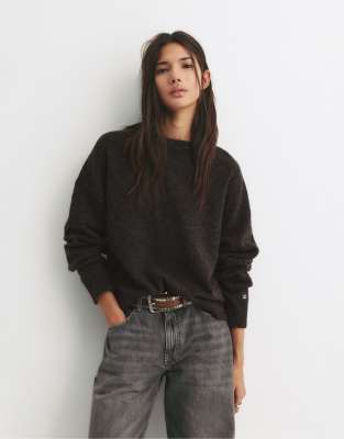 Pull & Bear - Sweat basique en maille - Marron foncé-Brown