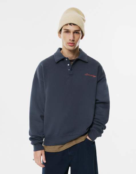 Pull&Bear - Sweat col polo à broderie - Bleu marine - view 1