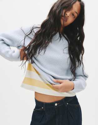 Pull & Bear - Sweat en maille envers - Bleu moyen