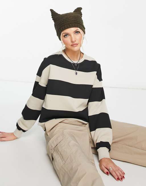Sweat-shirt épais Oversize Rayé Blanc Et Noir Femme - Taille S, Manches Longues, Occasion Très Bon état