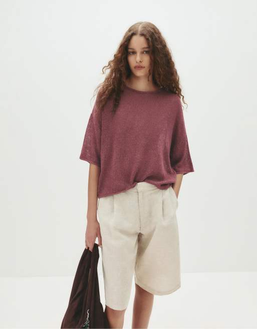 Pull&Bear - Sweater met korte mouwen in kastanjebruin