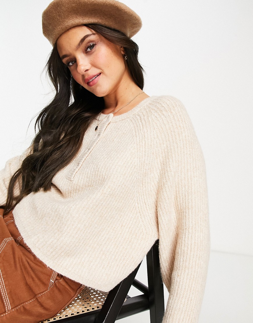 Pull & Bear sweater with button detail in sand-Brown