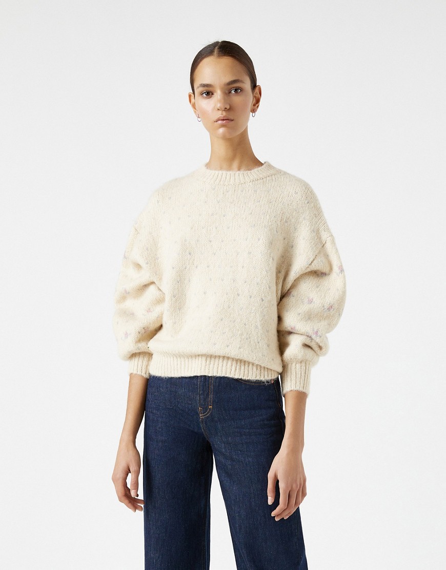 Pull & Bear sweater with flower detail sleeve in beige-Neutral