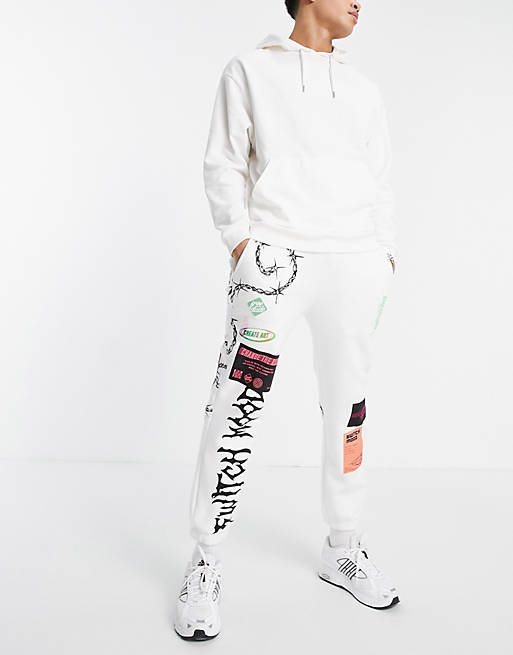 Pull&Bear sweatpants with multi label print in white set | ASOS