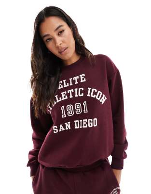 Pull & Bear - Sweatshirt in Burgunderrot mit „San Diego"-Print, Kombiteil-Brown