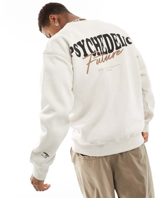 Pull&Bear – sweatshirt in Ecru mit „Psychedelic Future“-Textprint 