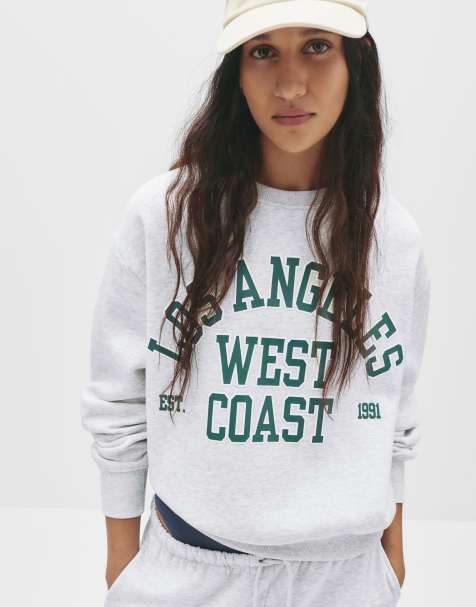 Pull&Bear – Sweatshirt in meliertem Grau mit College-Grafikprint - view 1