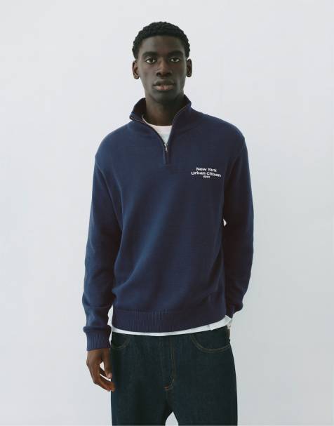 Pull&Bear sweatshirt med broderi och kvartslång dragkedja i blått - view 1