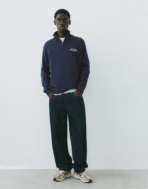 Pull&Bear sweatshirt med broderi och kvartslång dragkedja i blått, 4 av 7