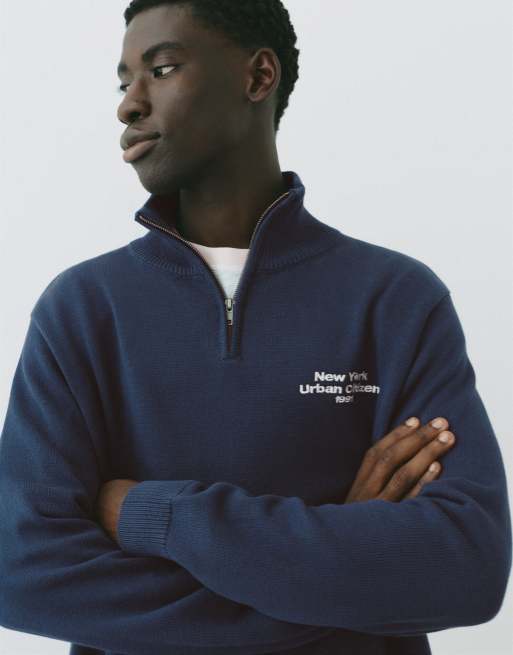 Pull&Bear sweatshirt met borduursel en kwartrits in blauw, 3 van 7