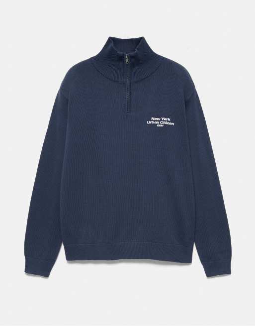 Pull&Bear sweatshirt met borduursel en kwartrits in blauw, 5 van 7