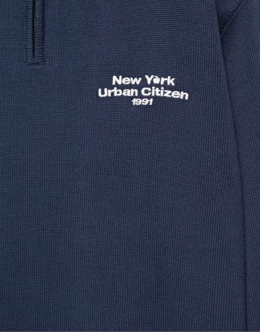 Pull&Bear sweatshirt met borduursel en kwartrits in blauw, 6 van 7