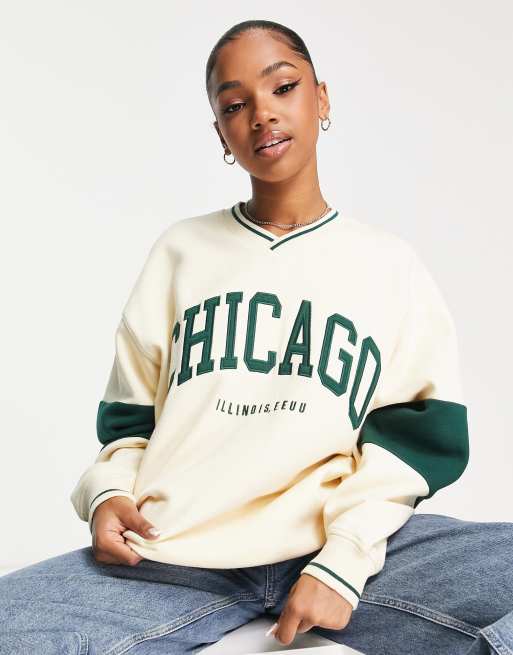Pull&Bear - Sweatshirt met 'Chicago' slogan in zandkleur