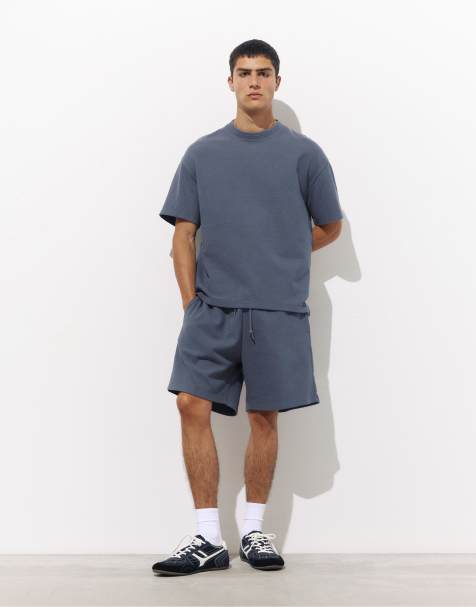 Pull&Bear - Sweatshirt met korte mouwen en logo in grijsblauw - view 1