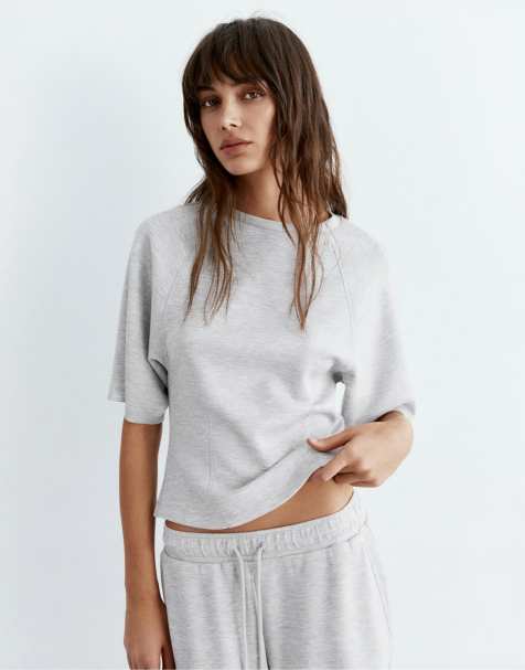Pull&Bear - Sweatshirt met korte mouwen in gemêleerd grijs - view 1