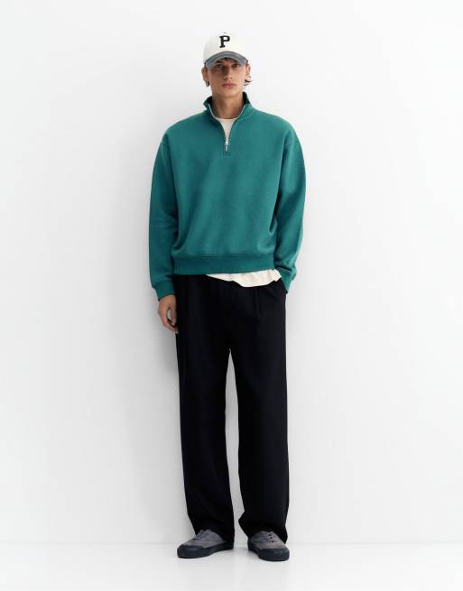 Pull&Bear sweatshirt met kwartrits in donkergroen, 4 van 7