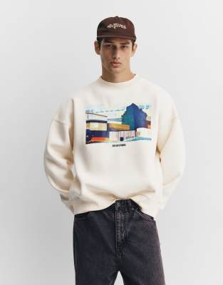 Pull & Bear Sweatshirt With Embroidered Slogan Graphic In White