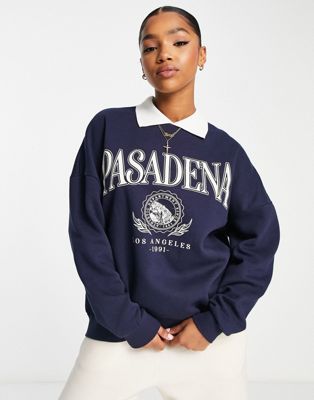 Pull&Bear sweatshirt with Pasadena slogan in navy with contrast white collar detail