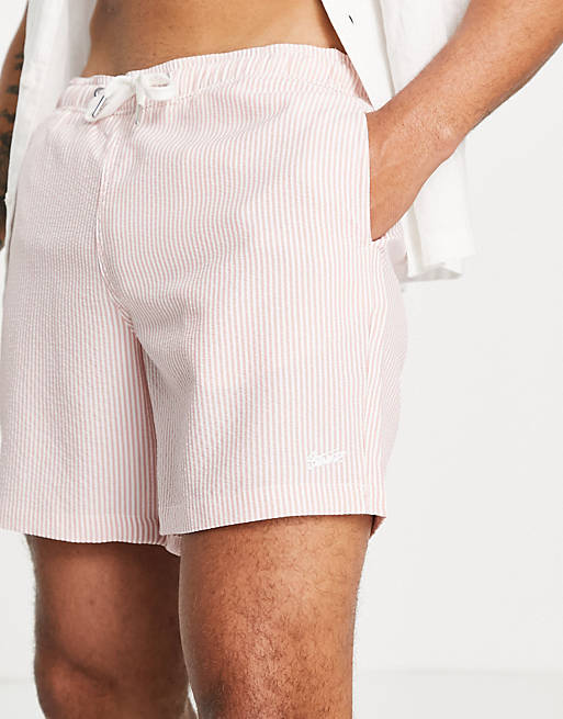 Pull&Bear swim shorts in pink seersucker stripe