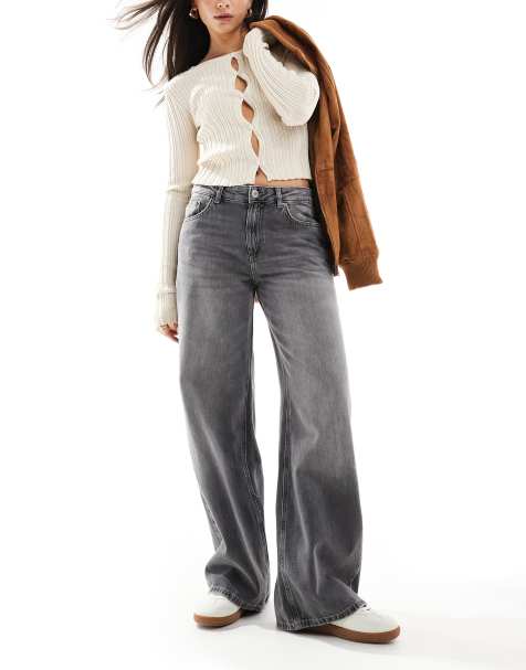 Pull&Bear – Szare luźne jeansy oversize z szerokimi nogawkami z efektem sprania - view 1