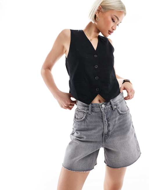 Pull&Bear – Szare szorty jeansowe mom fit z wysokim stanem