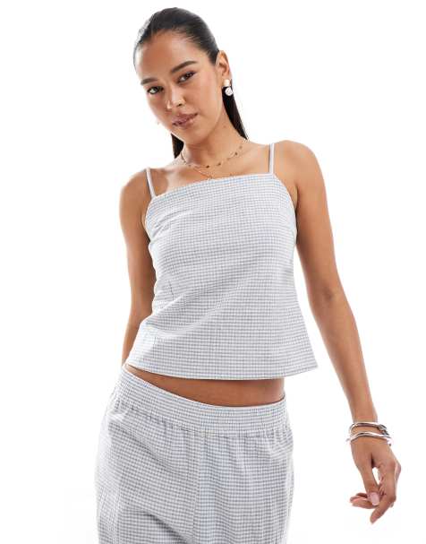 Pull&Bear – Szaro-biały top w kratkę vichy marszczony z boku, część zestawu - view 1
