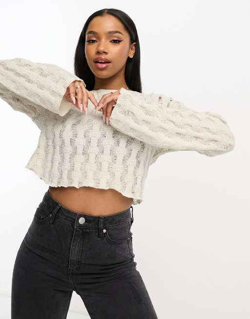 Pull&Bear – Szarobeżowy sweter z dzianiny o ażurowym splocie