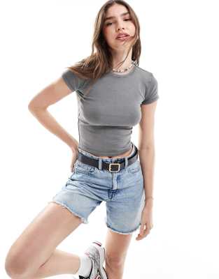 Pull&Bear – Szary przylegający T-shirt z efektem sprania