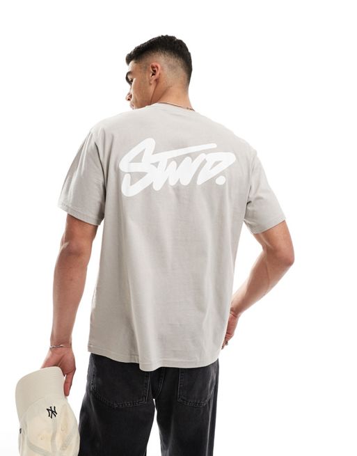 Pull&Bear – Szary T-shirt z napisem „STWD” na plecach