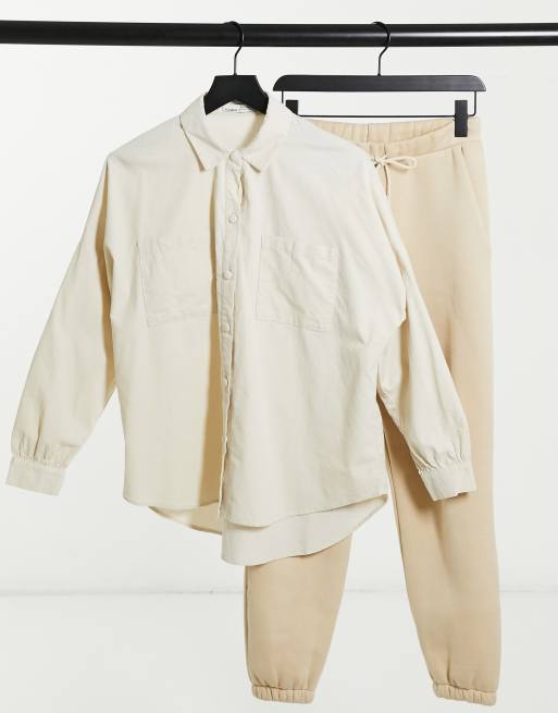 Pull&Bear – Sztruksowa koszula oversize typu boyfriend w kolorze ecru