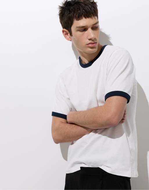 Pull&Bear - T-shirt à bordures contrastantes - Blanc cassé, 6 de 7
