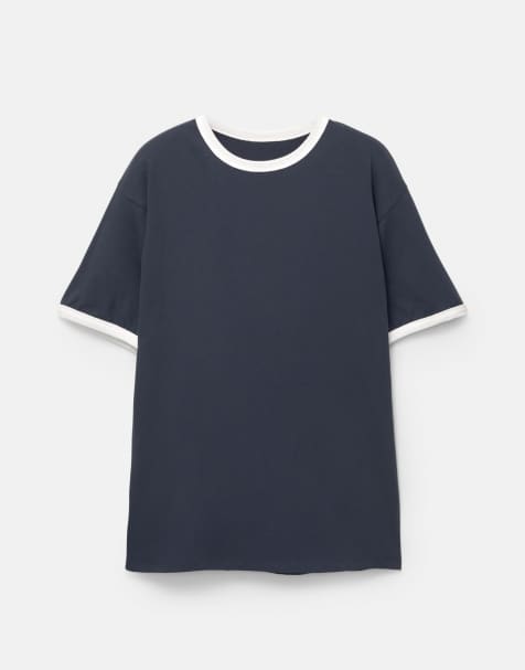 Pull&Bear - T-shirt à bordures côtelées contrastantes - Marine - view 1