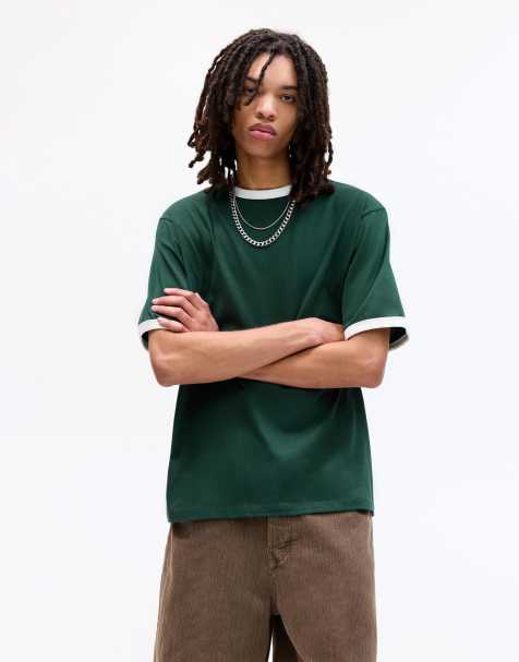 Pull&Bear - T-shirt à bordures côtelées contrastantes - Vert - view 1