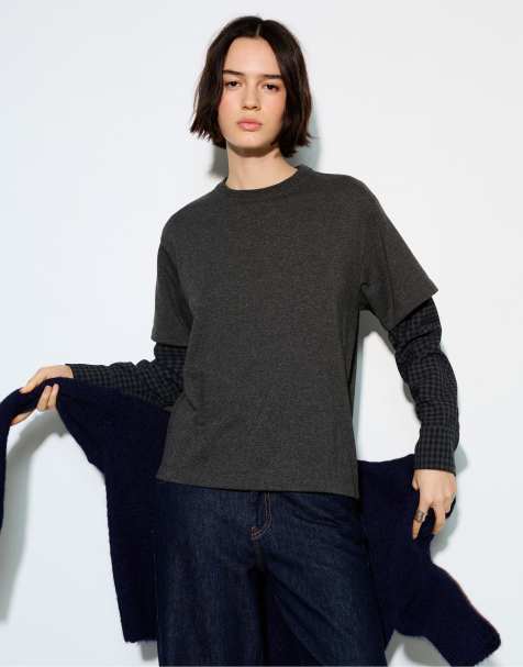 Pull&Bear - T-shirt à carreaux avec manches double épaisseur - Gris foncé - view 1