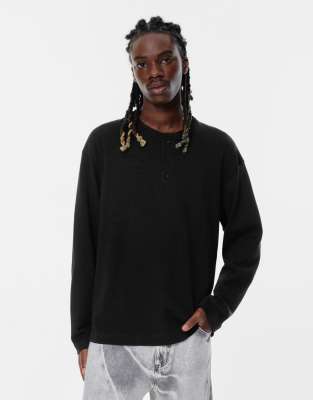 Pull & Bear - T-shirt à col Henley boutonné - Noir