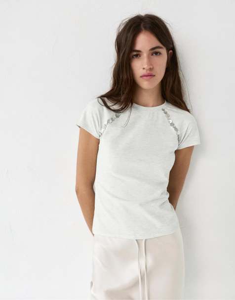 Pull&Bear - T-shirt à détail boutonné - Écru pâle - view 1